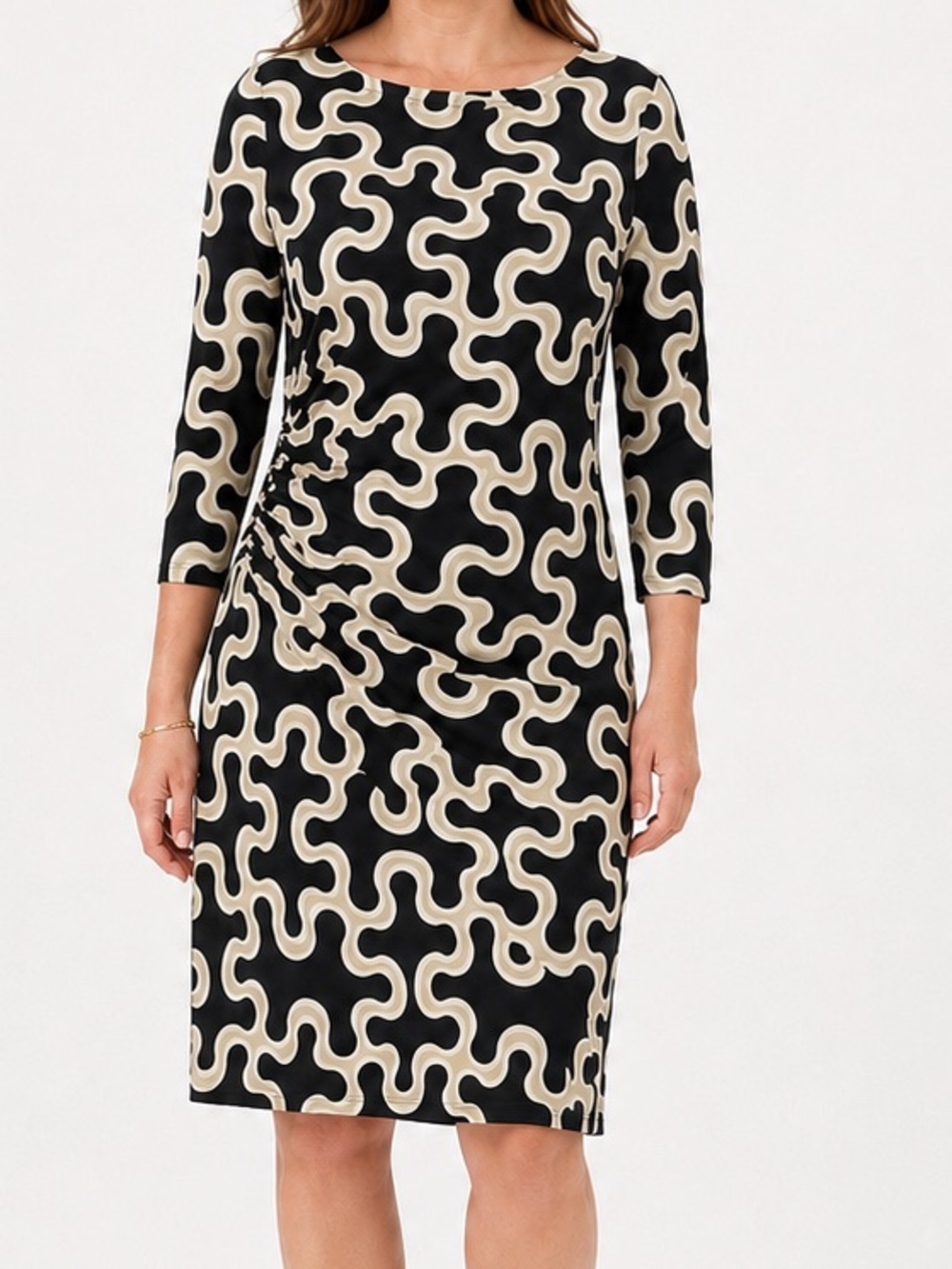 J. McLaughlin Sage Ruched Sheath Dress XL Black Cream Abstract